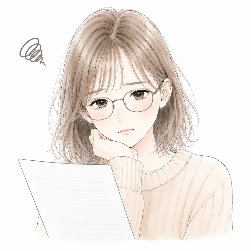 資料を手に考え込むまひる（執筆者アイコン）