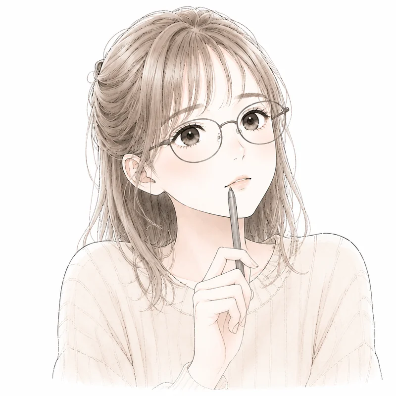 ペンを手に考えるまひる